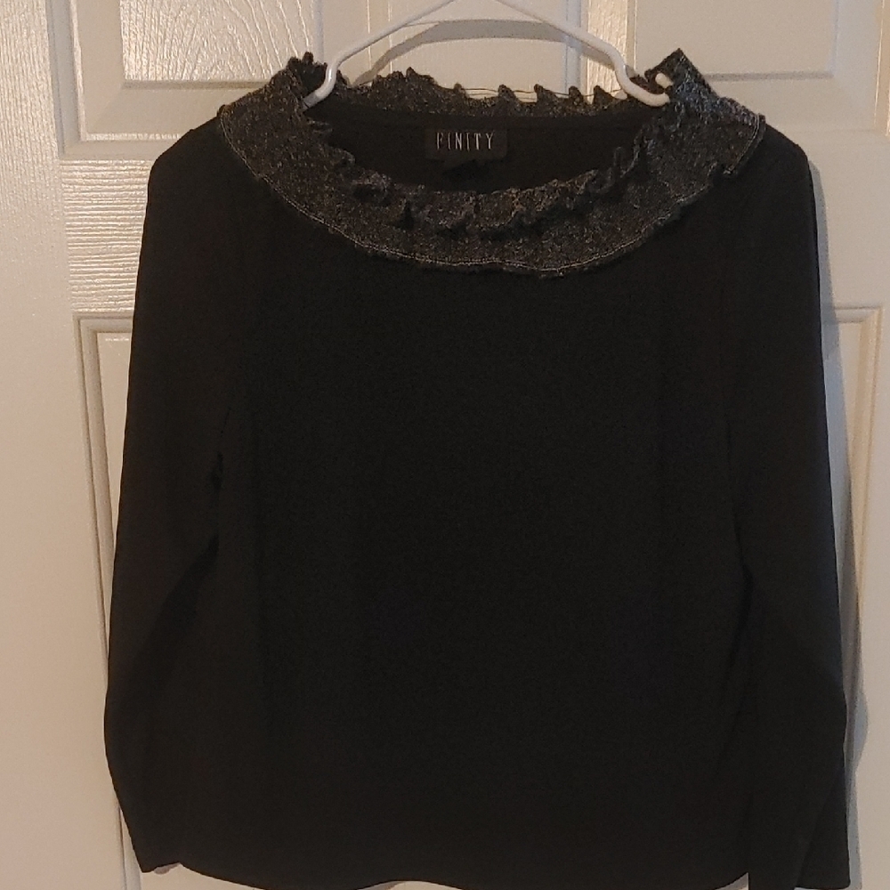 Finity Black Longsleeve Top with Gray Ruffled Neckline Sz Medium Dark Academia - Picture 3 of 6